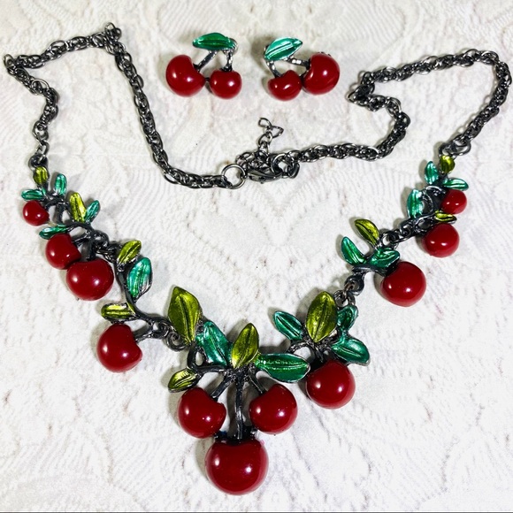Cherry Bomb necklace earring set enamel pinup rockabilly retro - Picture 3 of 8